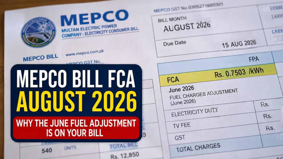 August 2026 MEPCO bill showing June 2026 FCA of Rs0.7503 per unit