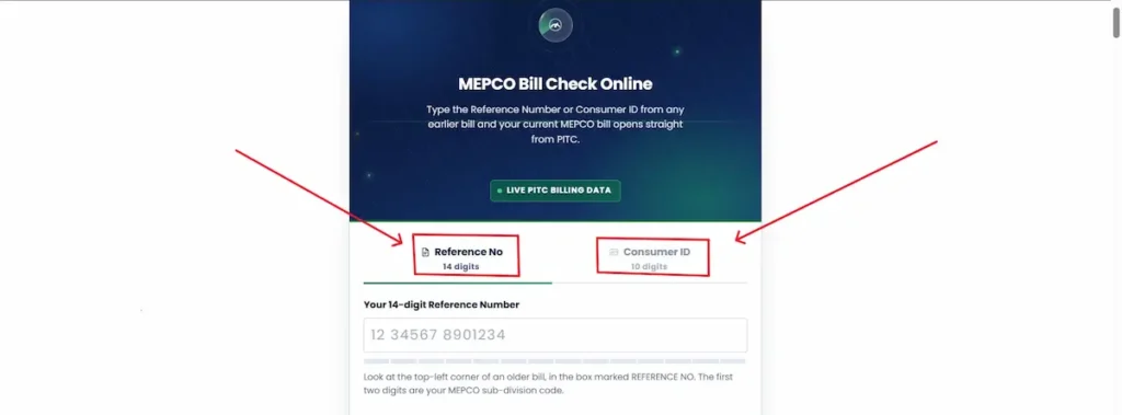 Select Reference Number or Consumer ID in MEPCO Bill Checker