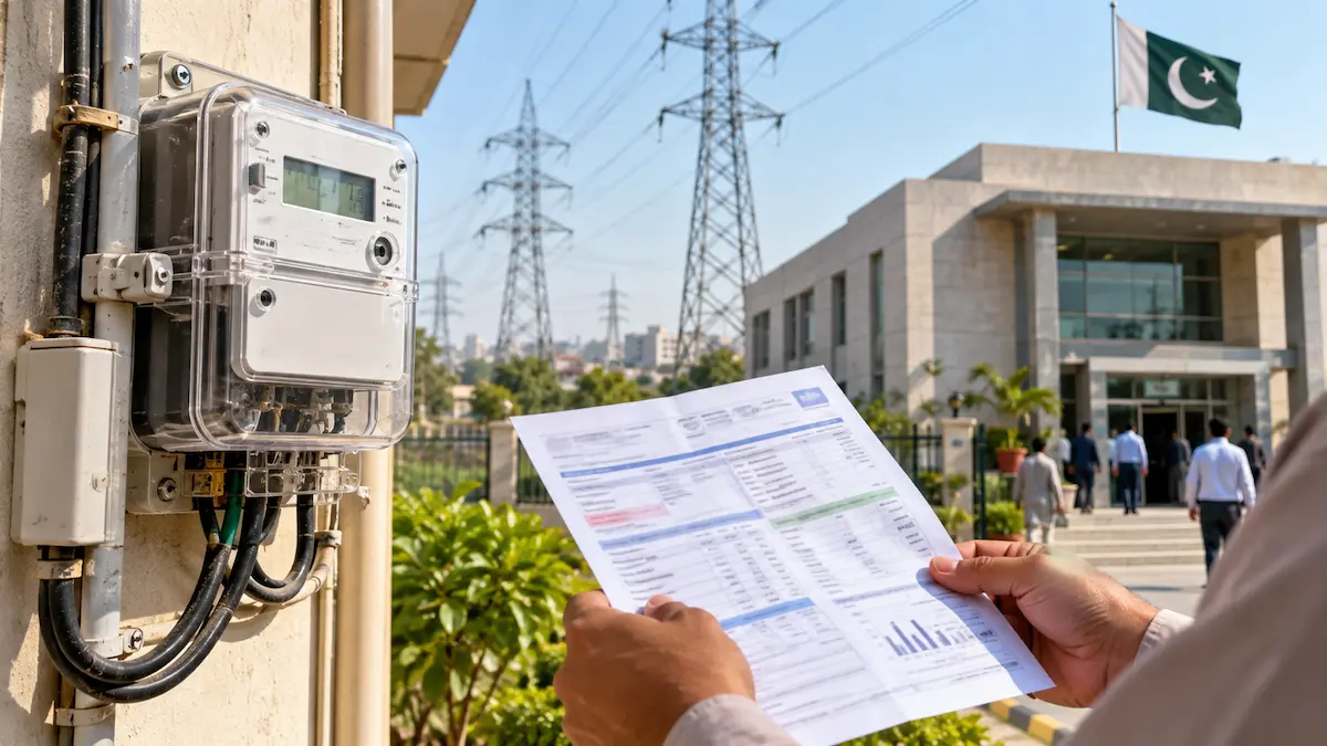 Consumer holding an electricity bill near a digital power meter with transmission towers and a utility office building in Pakistan